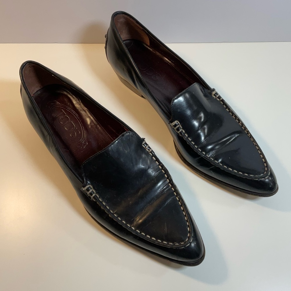 Vintage Tod’s Black Leather Pointy Toe Vintage Driver Moccasin Loafers - Picture 2 of 10